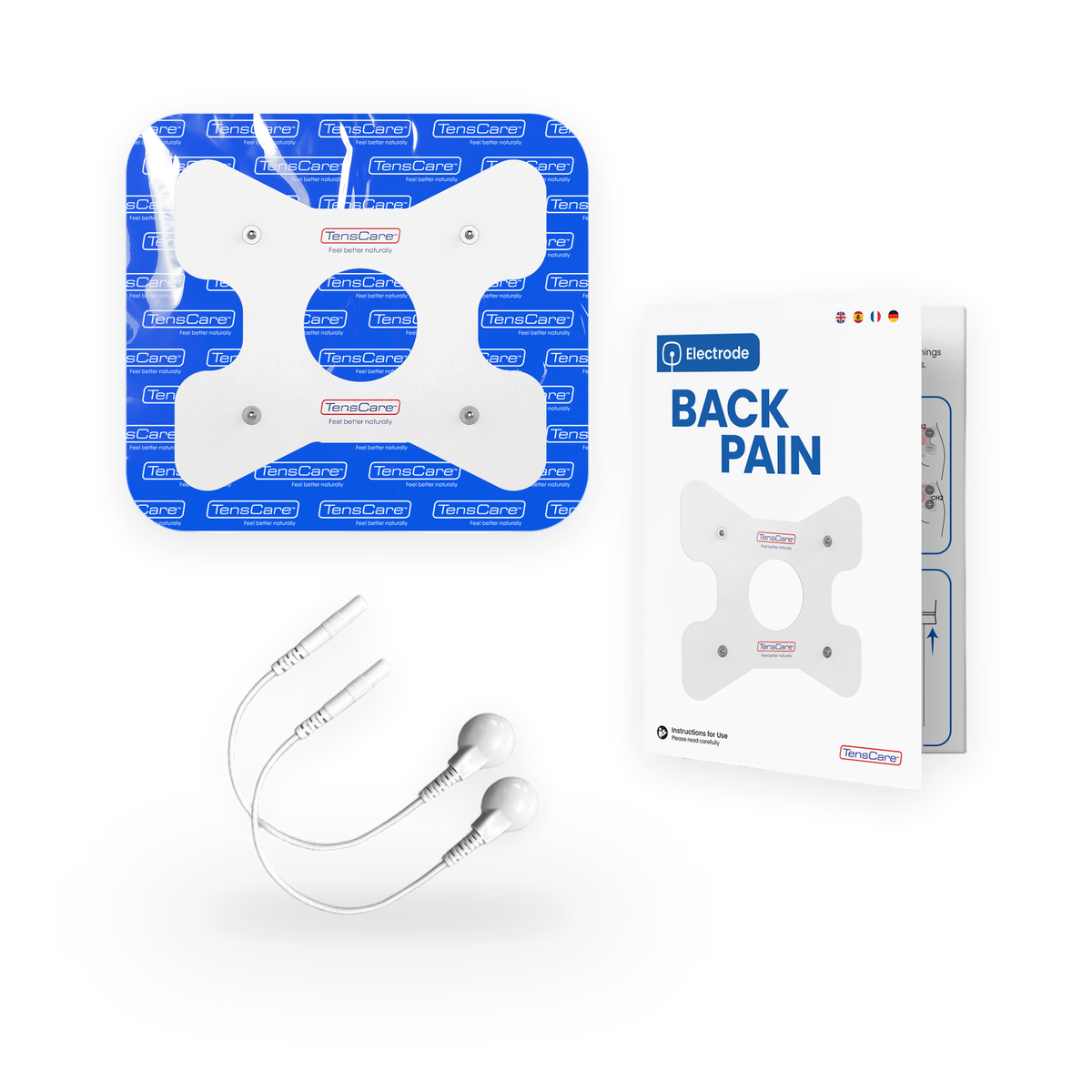 TensCare back pain electrode pad with lead wires and retail carton