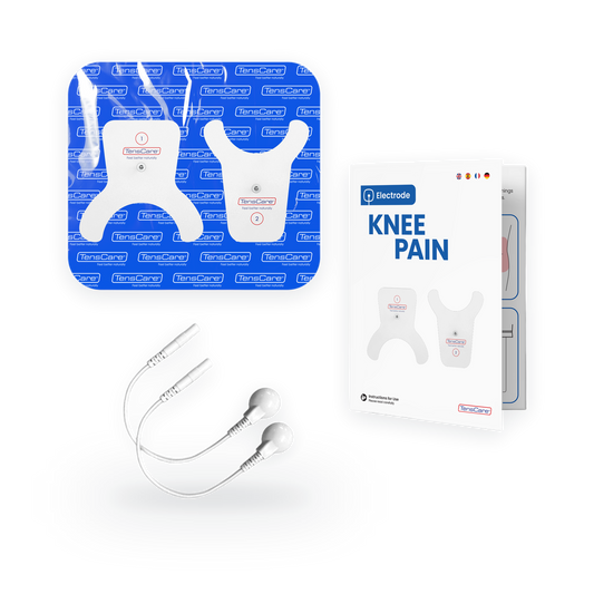 TensCare knee pain electrode pad with lead wires and retail carton