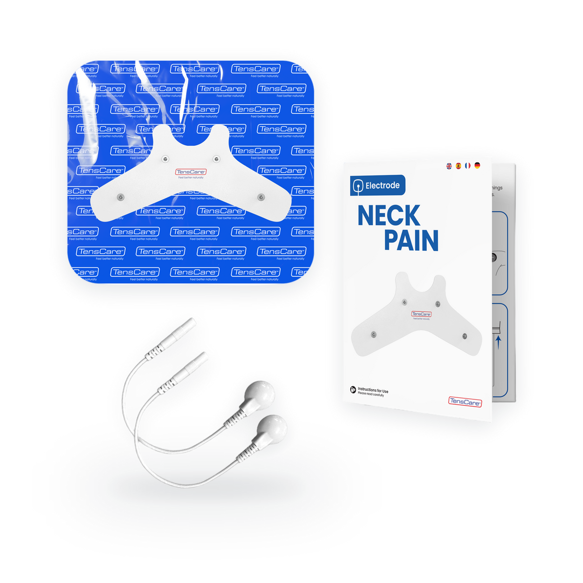 TensCare neck pain electrode pad with lead wires and retail carton