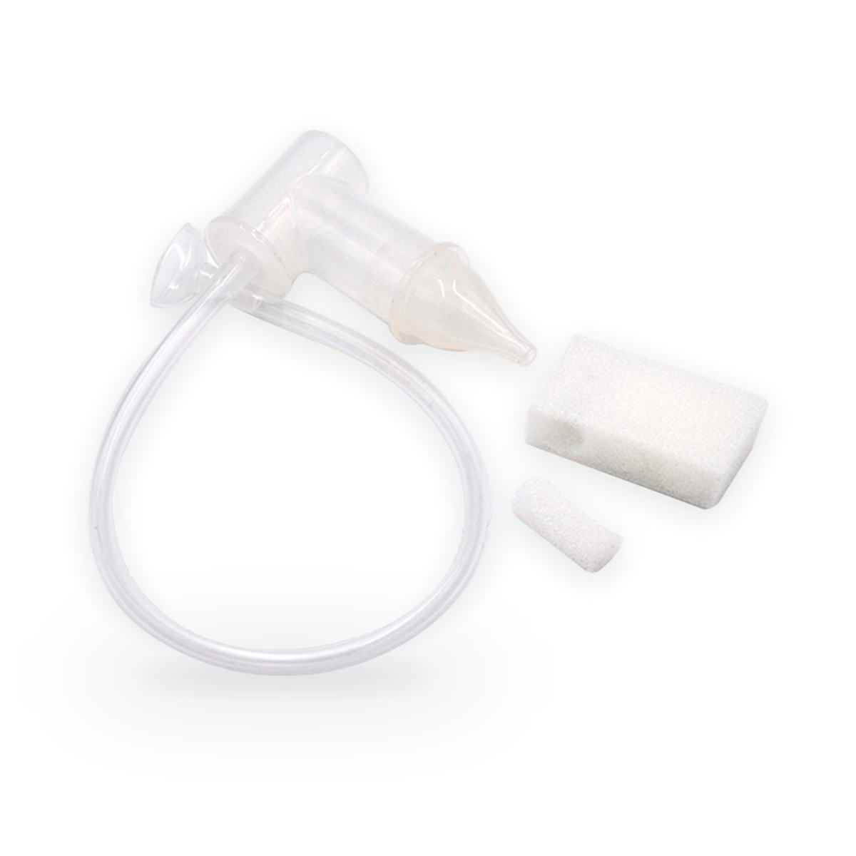Baby nasal aspirator parts: collection chamber, soft silicone tip, hose and spare hygiene filters