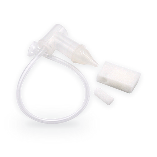 Baby nasal aspirator parts: collection chamber, soft silicone tip, hose and spare hygiene filters