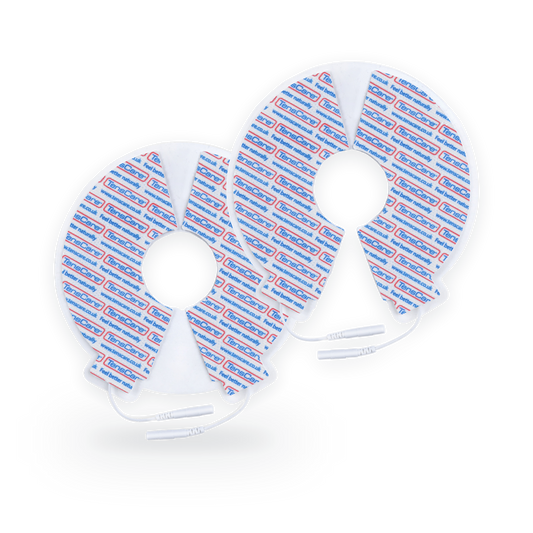 Pair of TensCare round breast and pectoral electrode pads with lead wires