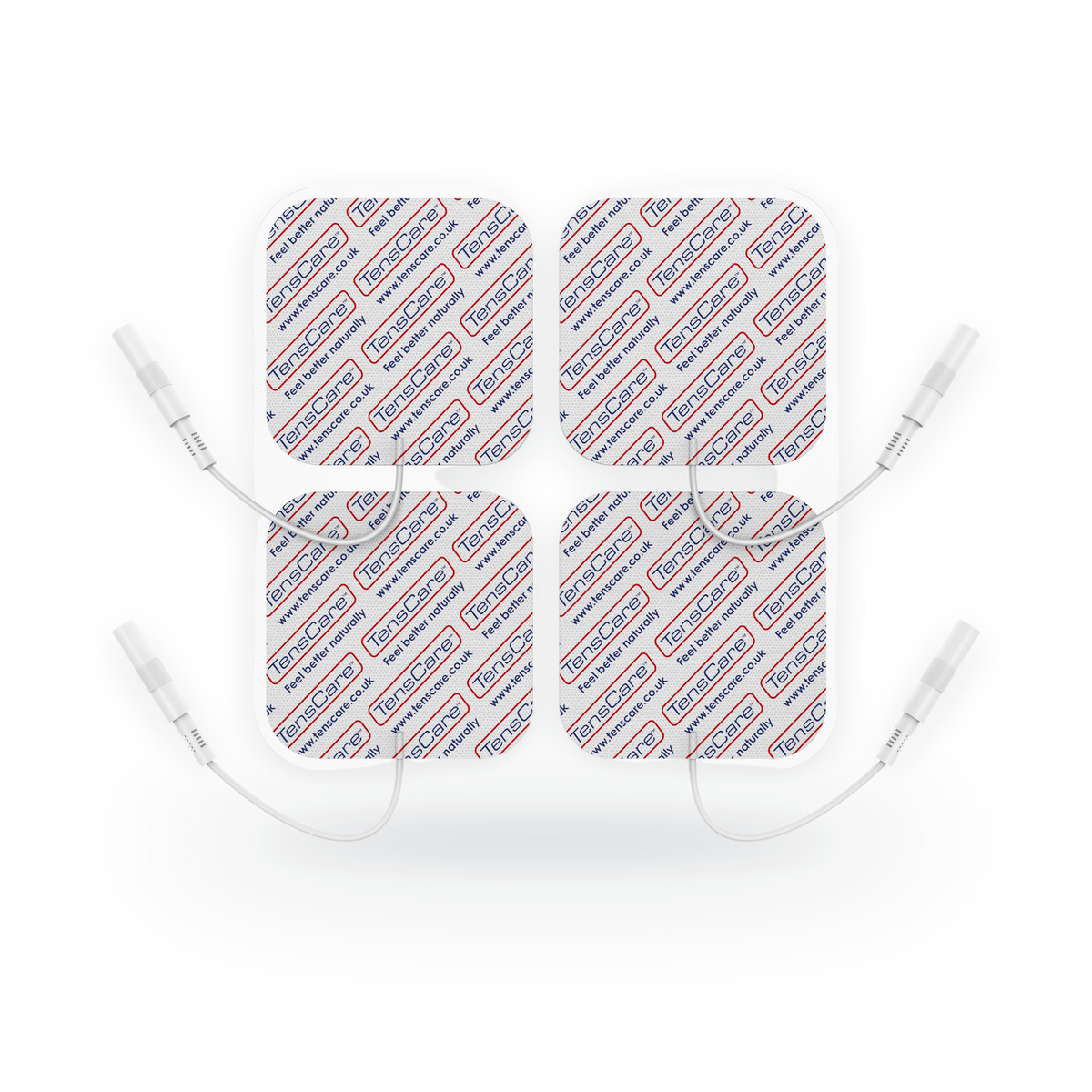 Four TensCare 50 x 50 mm square carbon mesh electrode pads with lead wires