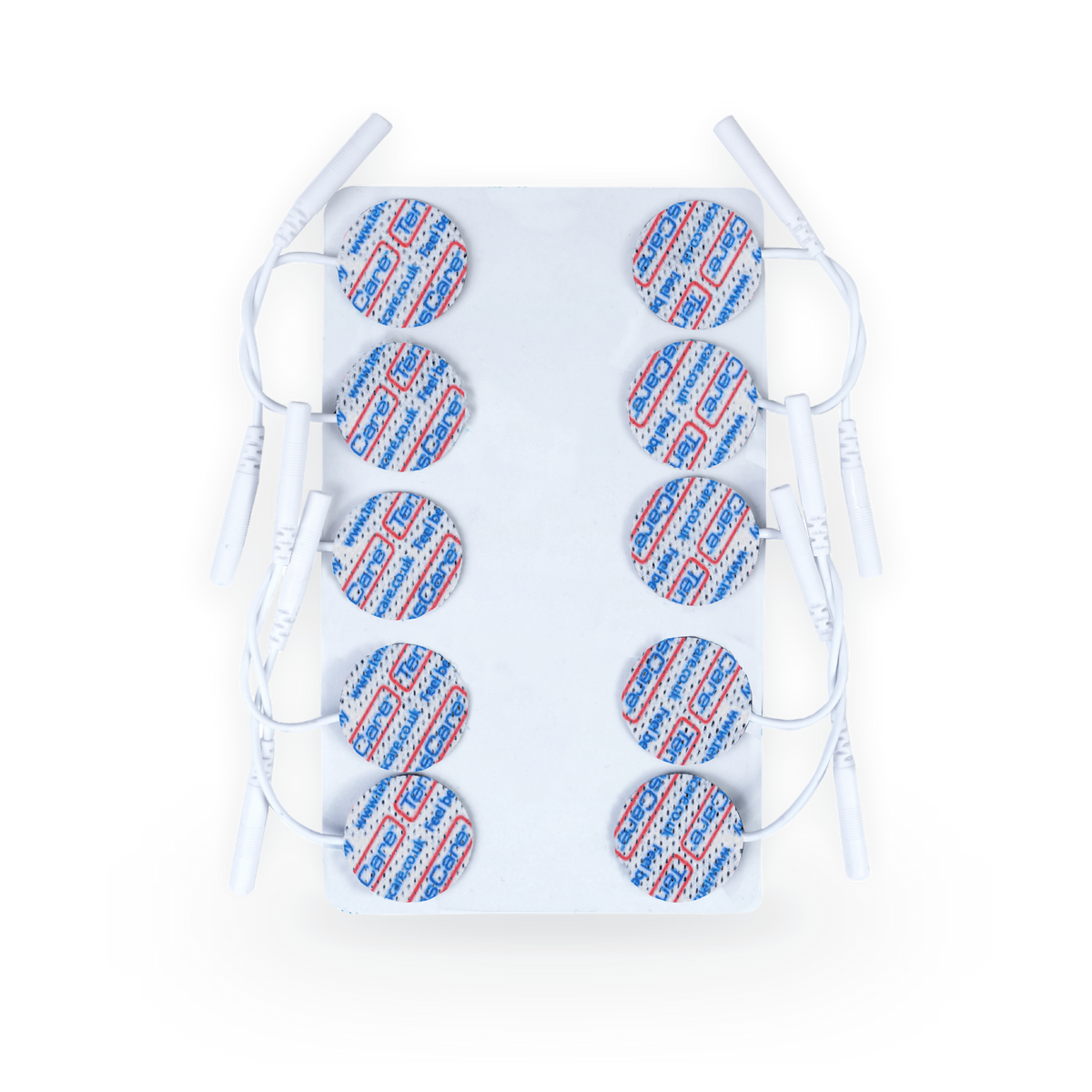 Ten TensCare 25 mm round electrode pads on a backing sheet with lead wires