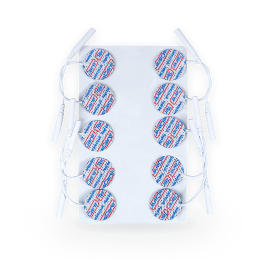 Ten TensCare 25 mm round electrode pads on a backing sheet with lead wires