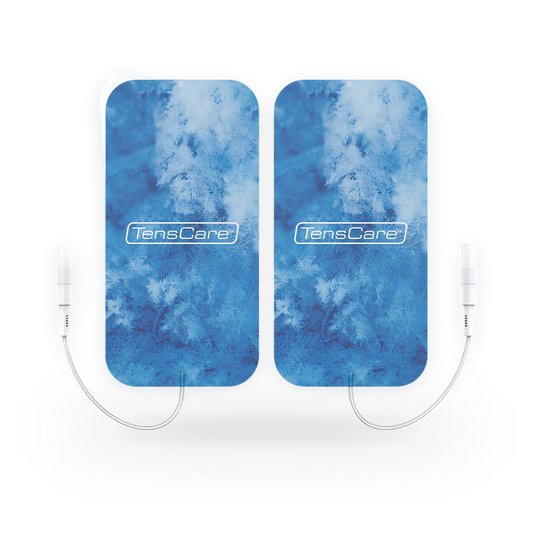 Pair of TensCare Cool Relief menthol and lidocaine TENS electrodes with blue frost pattern and lead wires
