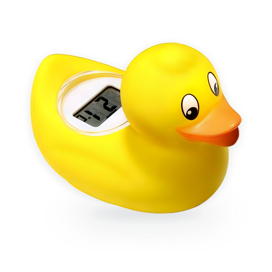 Digi Duckling yellow floating bath thermometer with digital temperature display, front view