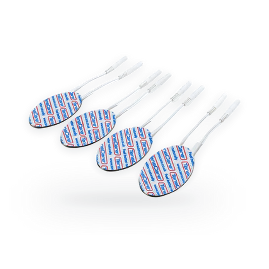 Four TensCare oval face electrode pads with lead wires