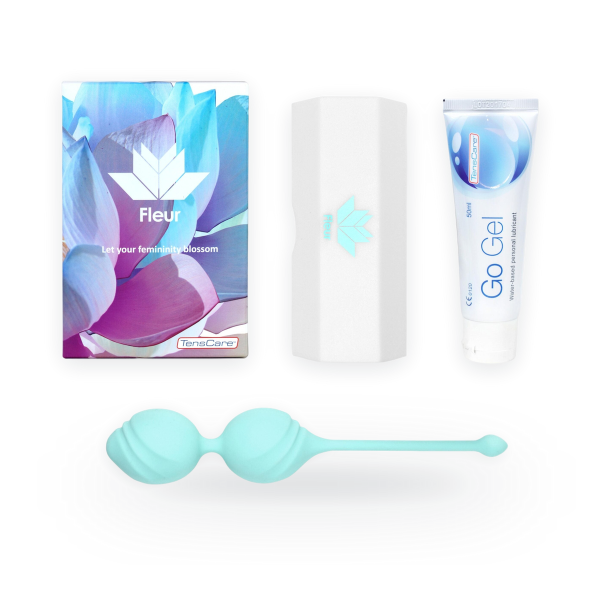 TensCare Fleur kit: retail box, storage case, Go Gel lubricant and mint green weighted exerciser