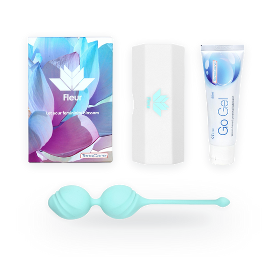 TensCare Fleur kit: retail box, storage case, Go Gel lubricant and mint green weighted exerciser