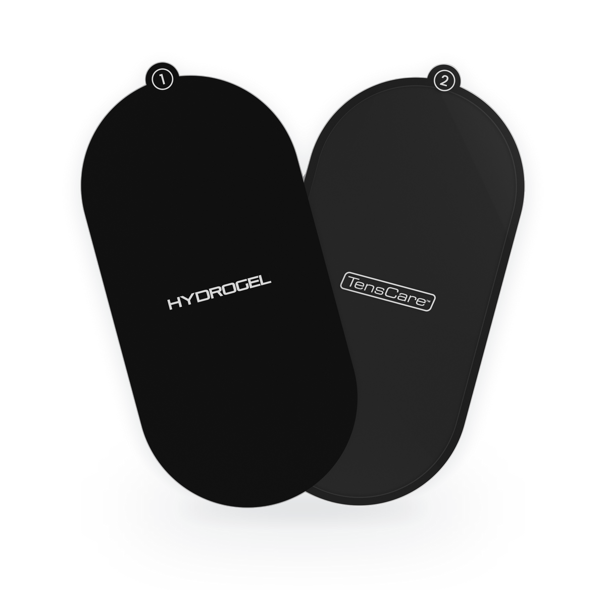 Pair of TensCare FORM large oval replacement hydrogel pads, numbered 1 and 2
