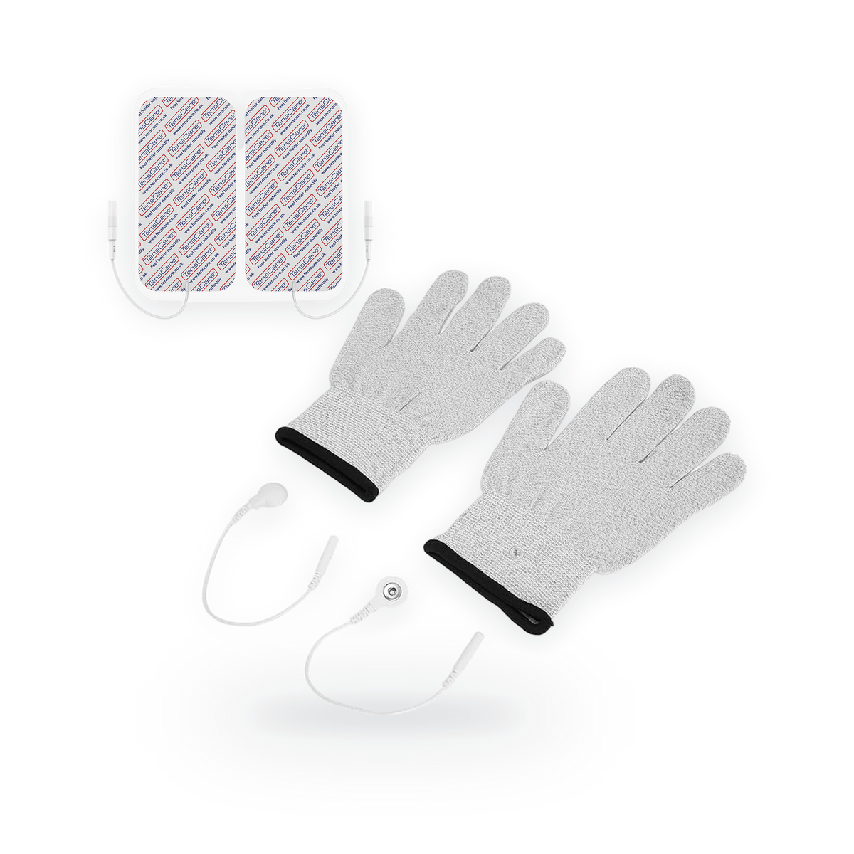 Pair of TensCare iGlove conductive glove electrodes with two electrode pads and lead wires