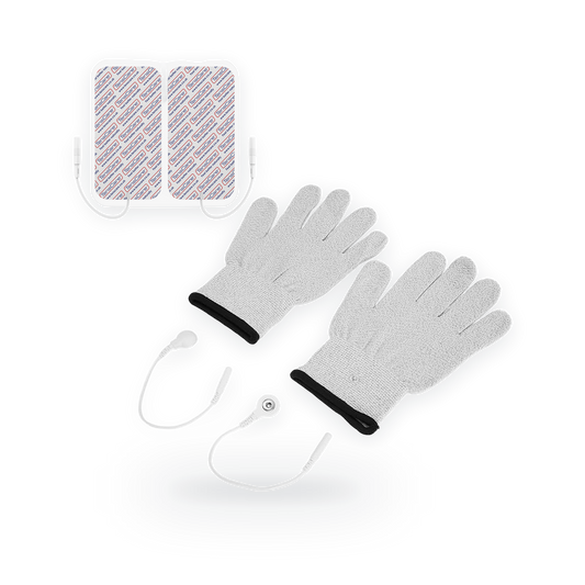 Pair of TensCare iGlove conductive glove electrodes with two electrode pads and lead wires