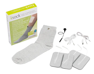 TensCare iSock retail box with the conductive sock, electrode pads and lead wires