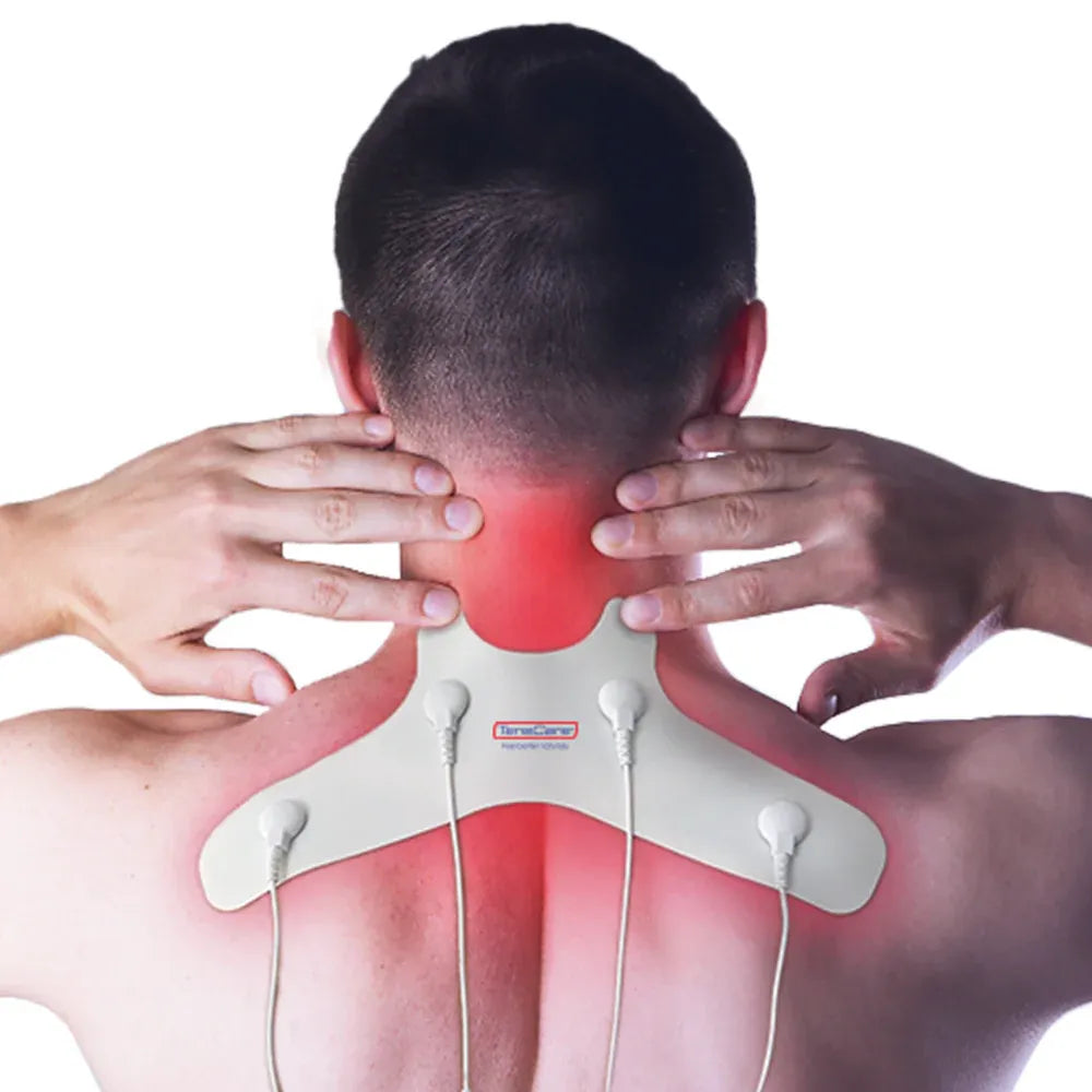 TensCare neck pain electrode pad worn across the shoulders, pain area highlighted in red