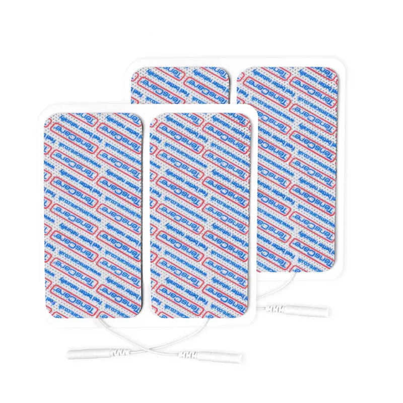 Four TensCare 50 x 100 mm rectangular electrode pads with connecting lead wires