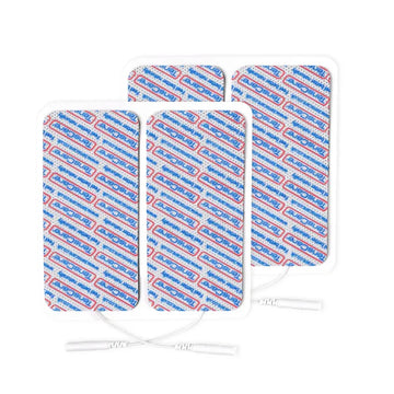 Four TensCare 50 x 100 mm rectangular electrode pads with connecting lead wires