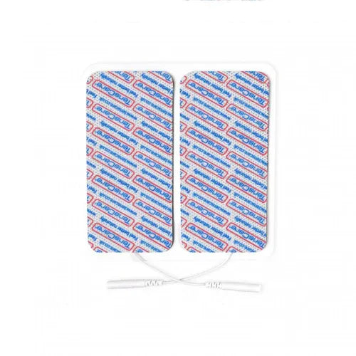 Pair of TensCare 50 x 90 mm electrode pads with lead wires on a backing liner
