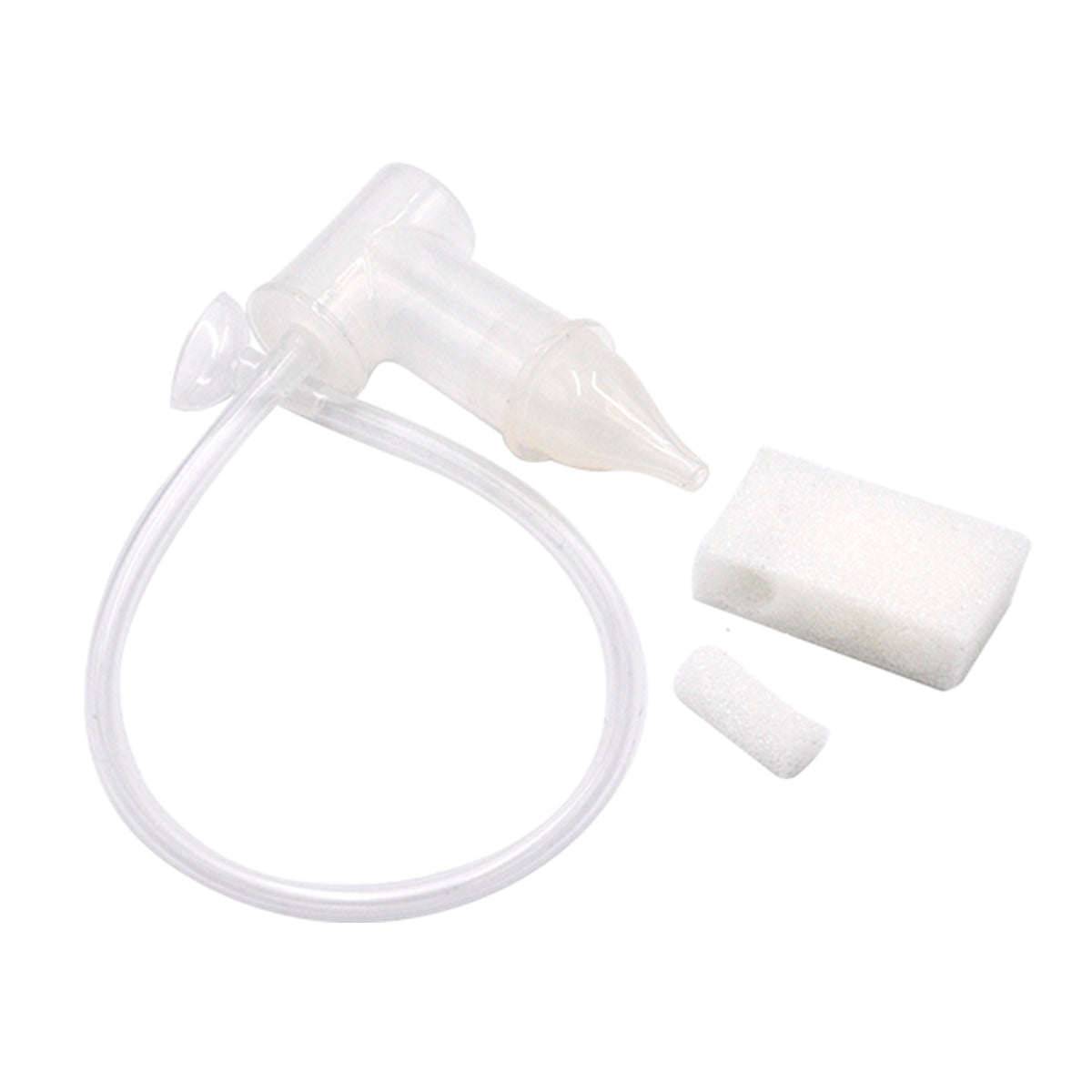 Baby nasal aspirator parts: collection chamber, soft silicone tip, hose and spare hygiene filters