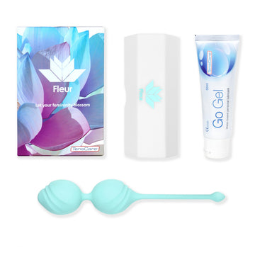 TensCare Fleur kit: retail box, storage case, Go Gel lubricant and mint green weighted exerciser