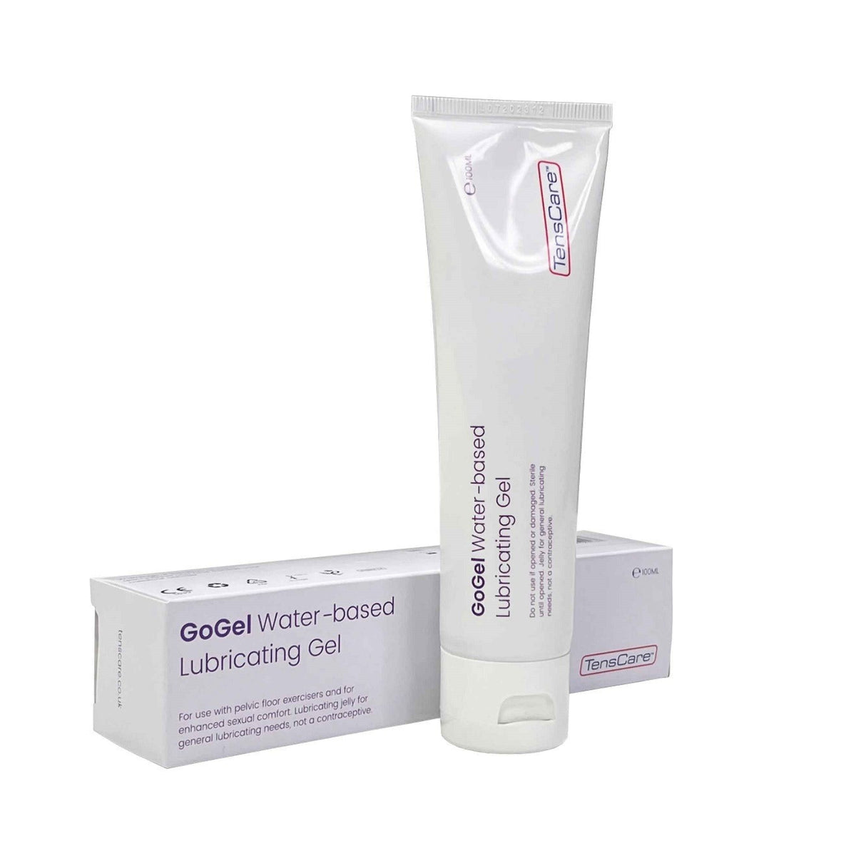 TensCare GoGel water-based lubricating gel tube with its carton