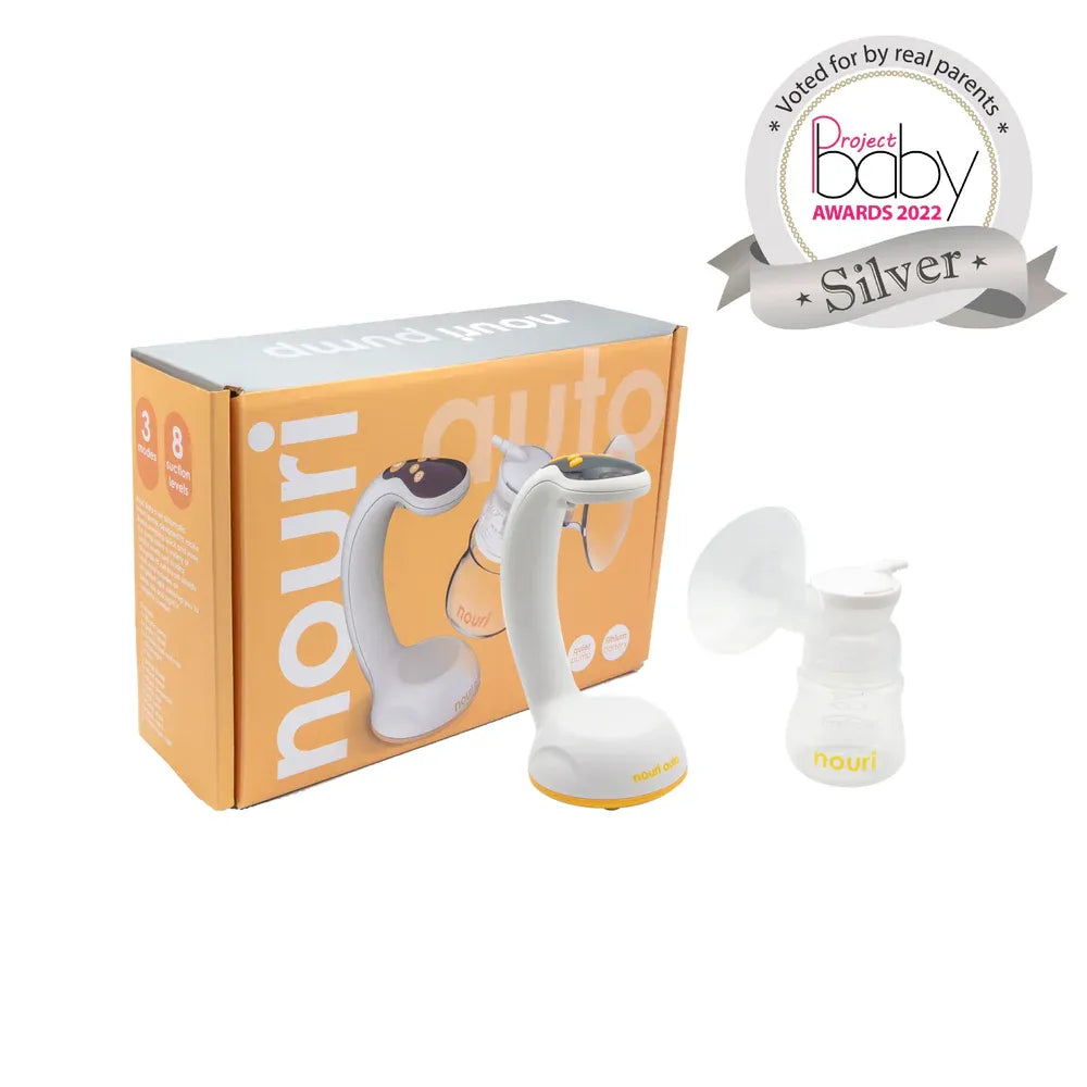 TensCare Nouri Auto electric breast pump with its retail box and Project Baby Awards 2022 silver medal