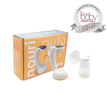 TensCare Nouri Auto electric breast pump with its retail box and Project Baby Awards 2022 silver medal