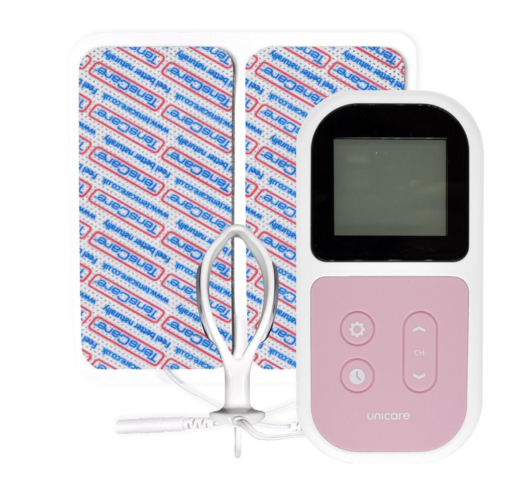 TensCare UniCare unit in pink and white with electrode pads and a vaginal probe