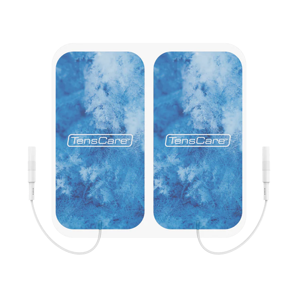 Pair of TensCare Cool Relief menthol and lidocaine TENS electrodes with blue frost pattern and lead wires
