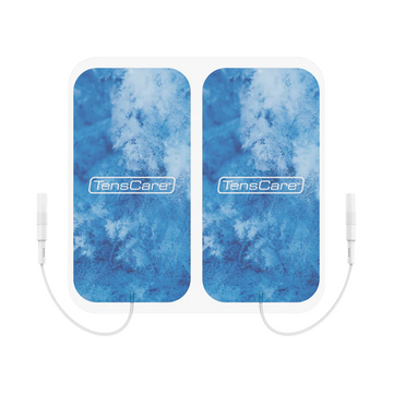 Pair of TensCare Cool Relief menthol and lidocaine TENS electrodes with blue frost pattern and lead wires