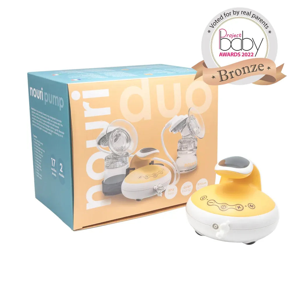 TensCare Nouri Duo double breast pump with its retail box and Project Baby Awards 2022 bronze medal