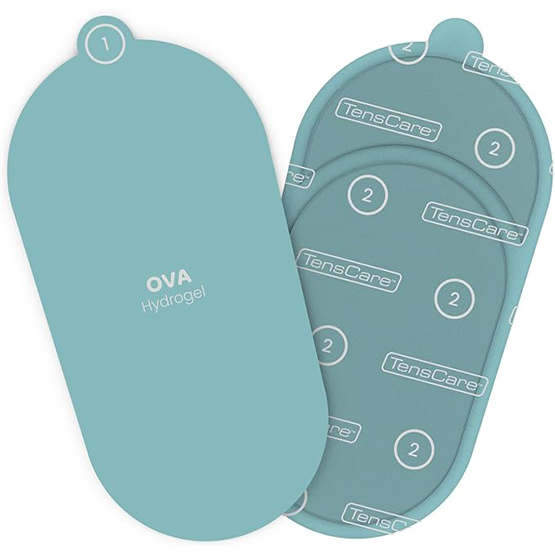 TensCare Ova hydrogel pad shown with its numbered backing liners