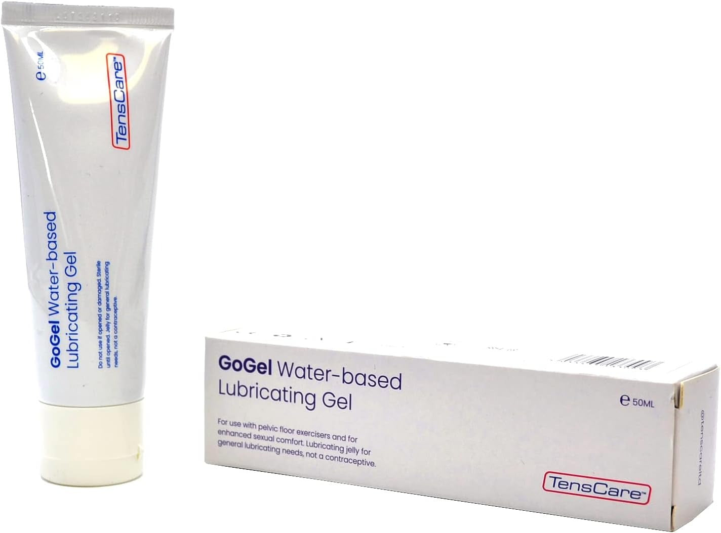 TensCare GoGel water-based lubricating gel tube lying beside its carton