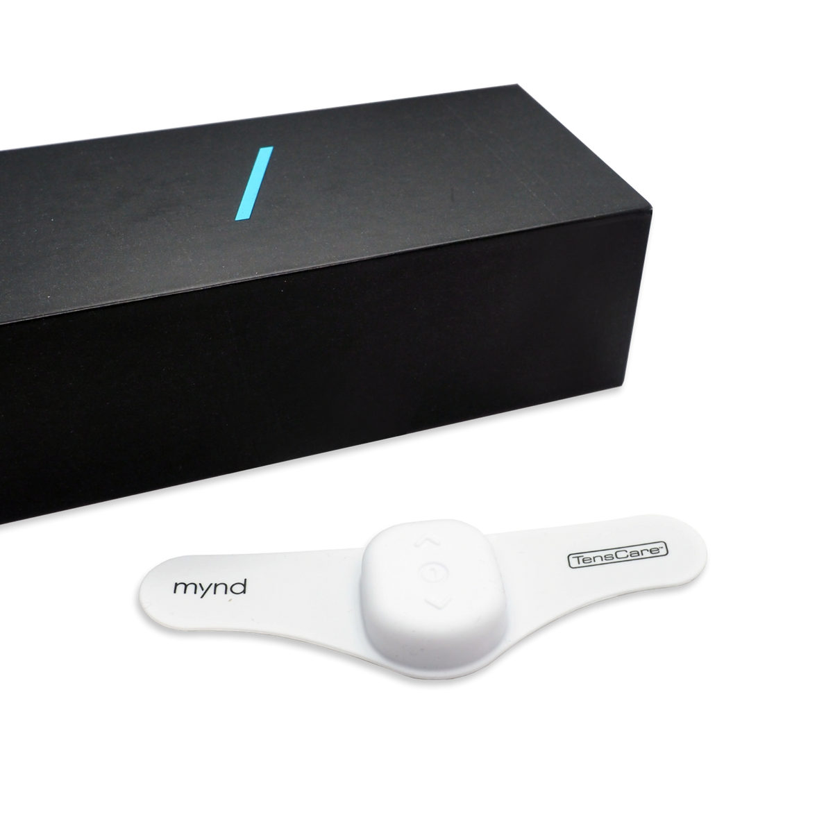 TensCare Mynd headband beside its black presentation box