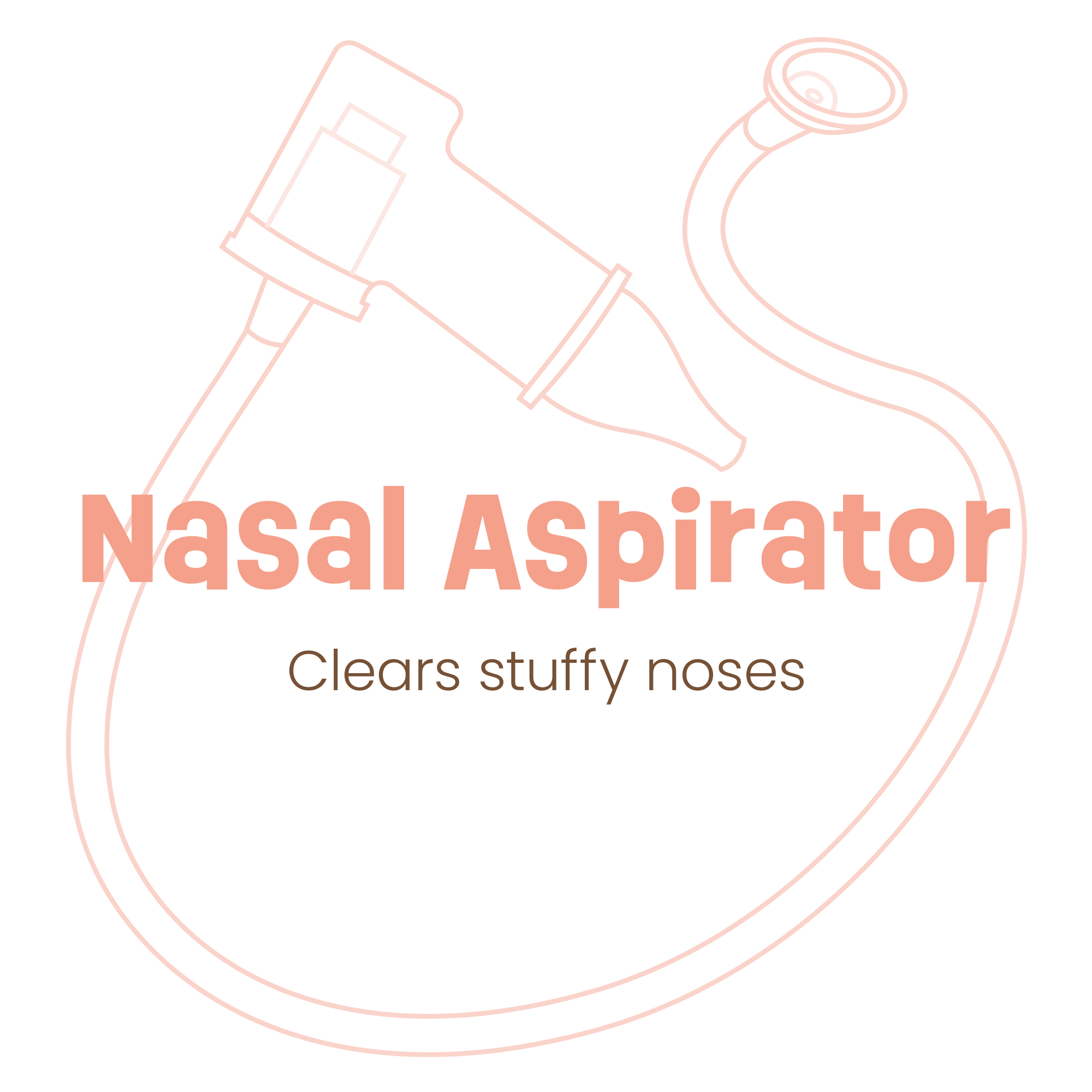 Line illustration of the baby nasal aspirator captioned clears stuffy noses