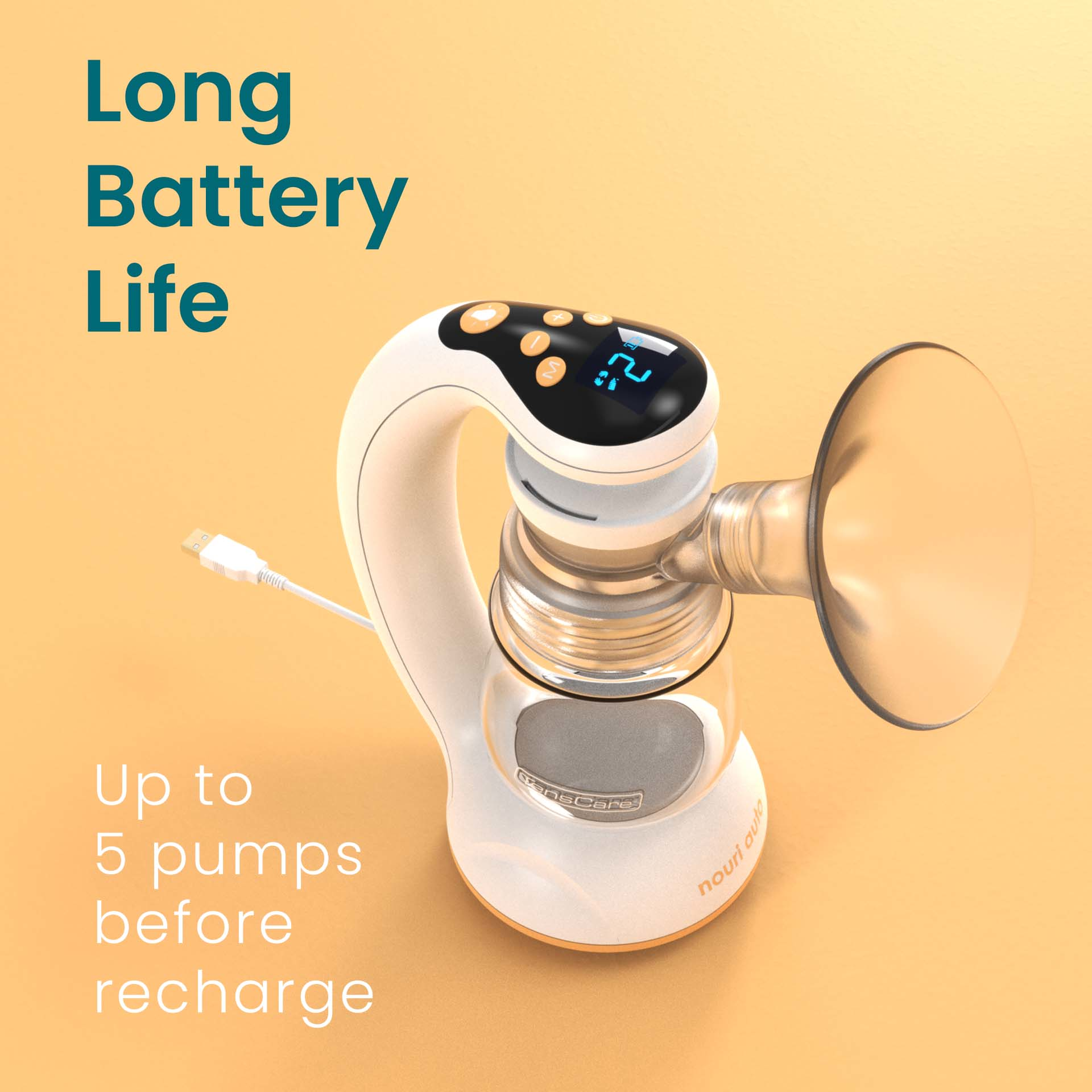 Nouri Auto breast pump with charging cable, up to 5 pumps before recharge