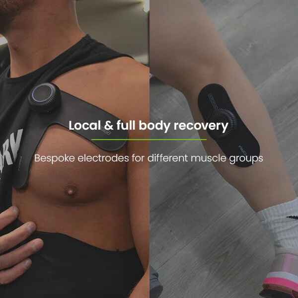 FORM device worn on a shoulder and a calf, with bespoke electrodes for different muscle groups