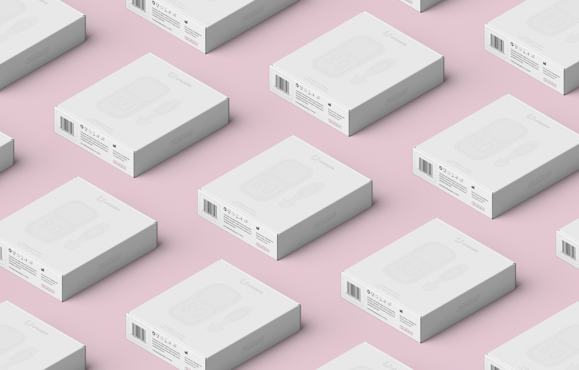 Rows of TensCare UniCare retail boxes on a pink background