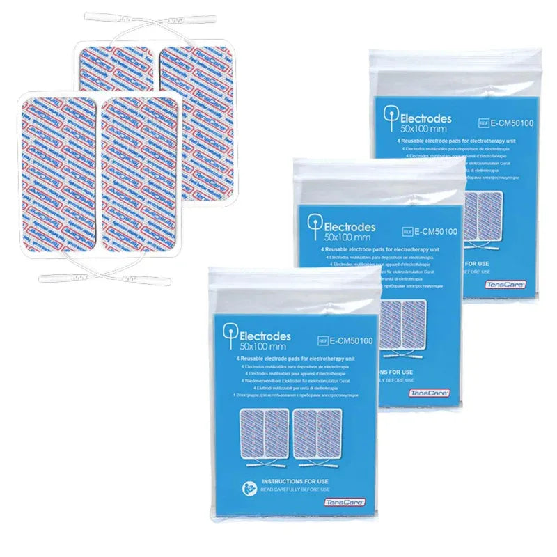 TensCare 50 x 100 mm electrode pads shown beside three sealed resealable retail packets