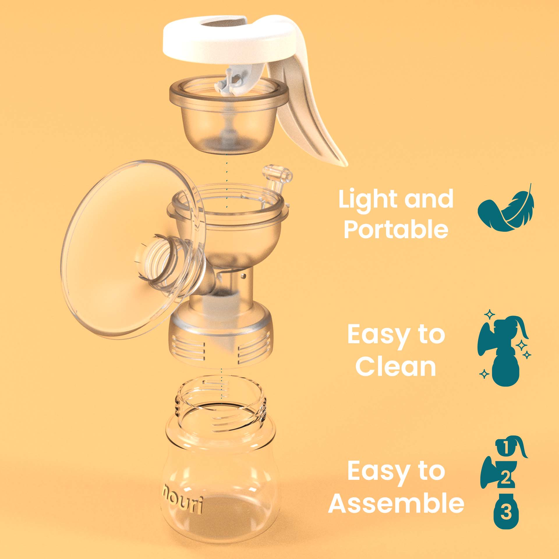Exploded view of the Nouri Manual pump; light and portable, easy to clean, easy to assemble