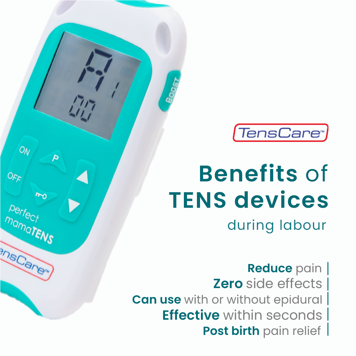 MamaTENS unit beside a list of the benefits of TENS devices during labour