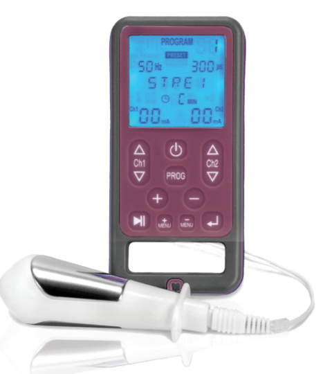 TensCare Sure PRO unit and probe on a black background