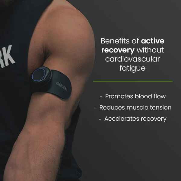 FORM device worn on an upper arm, listing the benefits of active recovery without cardiovascular fatigue