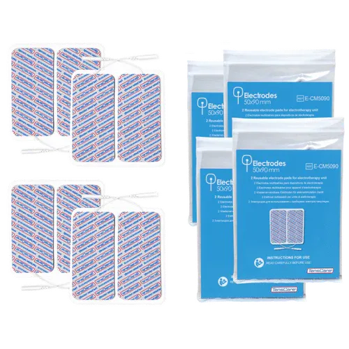 Several TensCare 50 x 90 mm electrode pads with their blue retail packets