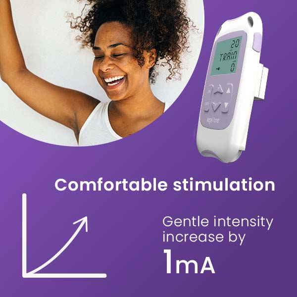 Woman stretching beside the Kegel Toner, gentle intensity increase by 1 mA