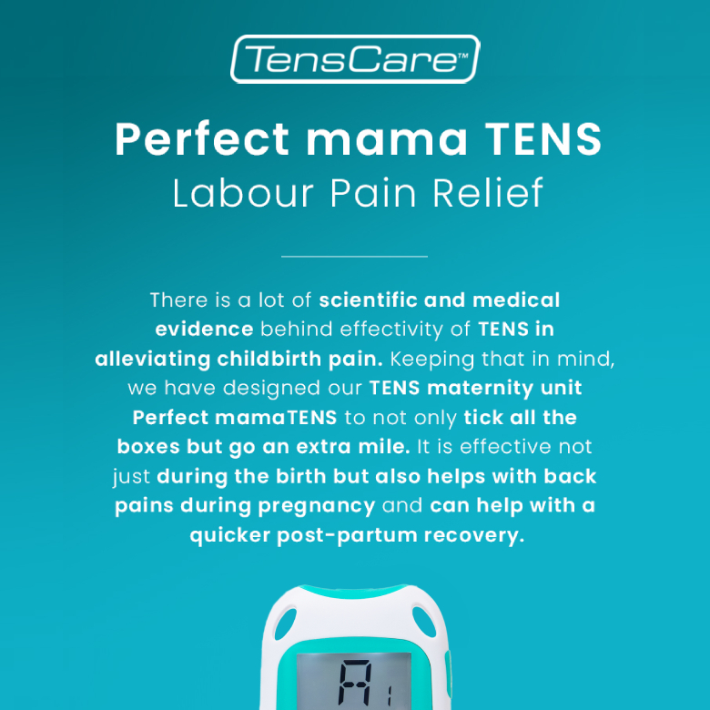 Perfect mama TENS labour pain relief, with text on the scientific evidence behind TENS in childbirth