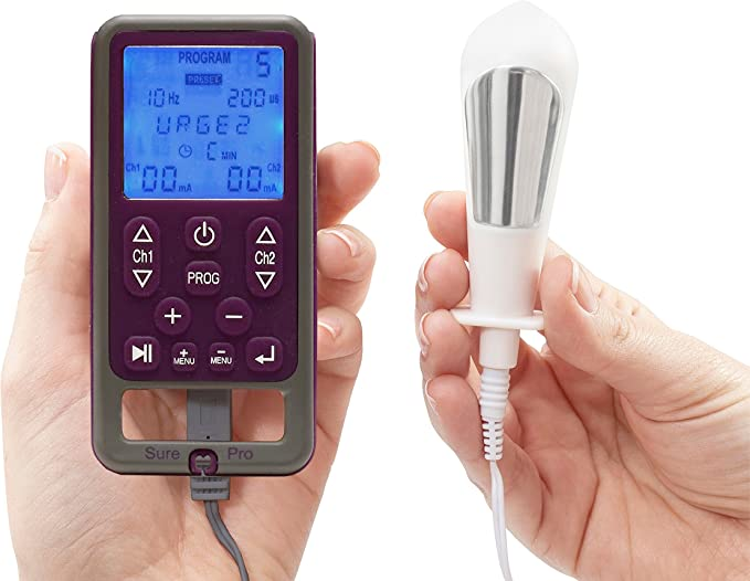 Hands holding the TensCare Sure PRO unit and its probe
