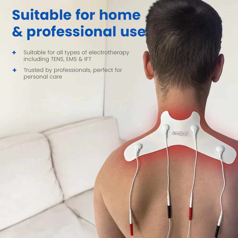 Person on a sofa wearing the TensCare neck pain electrode pad across their neck and shoulders