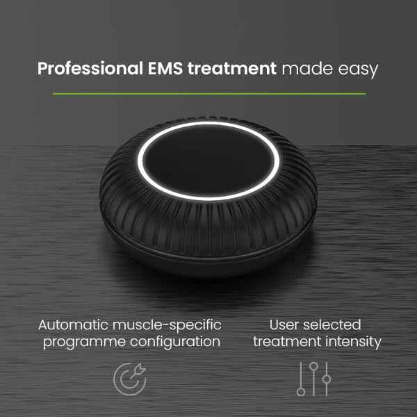 Close-up of the FORM pod, showing automatic muscle-specific programme configuration and user-selected intensity
