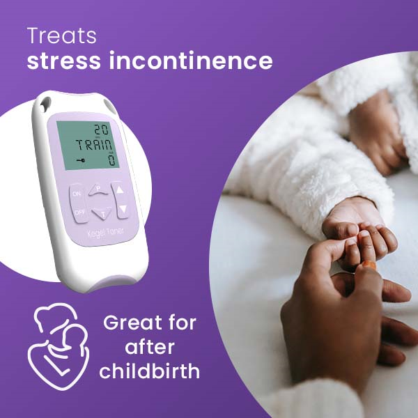 Kegel Toner unit beside a baby's hand, treats stress incontinence and is great for after childbirth